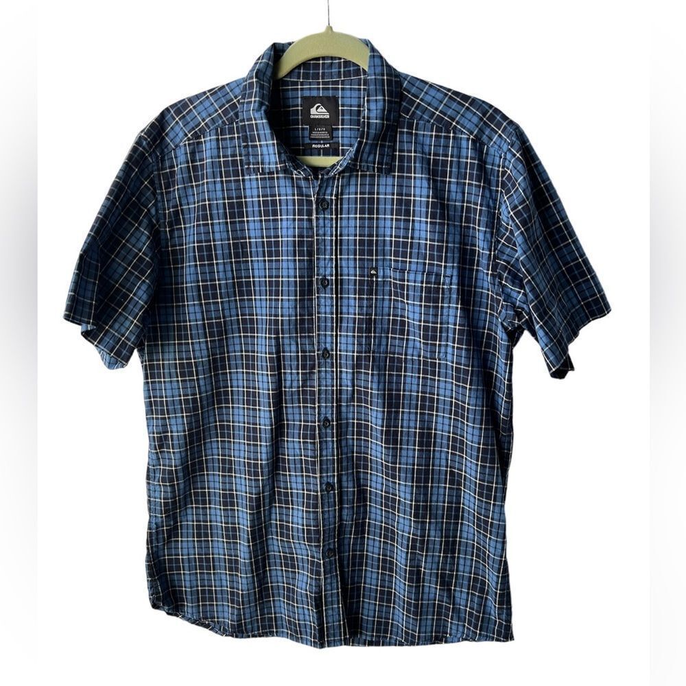 Quiksilver Men Size Large Blue White Plaid Button Up Pocket